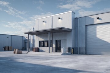 Modern industrial building facade features a loading dock area under clear daytime sky
