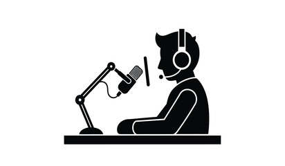 A silhouette of a podcaster wearing headphones and speaking into a professional boom microphone © rsvect02