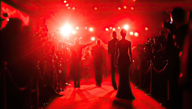 Fashion show runway with dramatic red lighting and silhouettes of models.