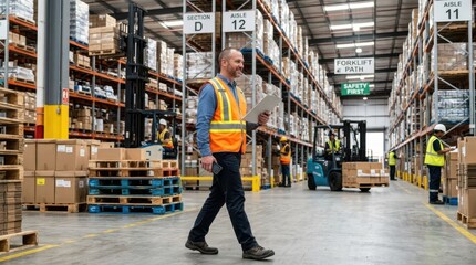Warehouse Manager Walking with Clipboard in Busy Distribution Center