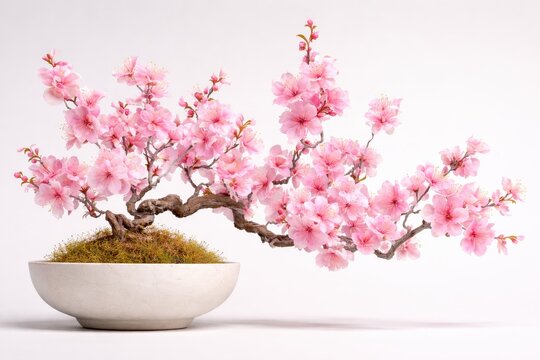 Pink cherry blossom bonsai tree in ceramic pot, elegant spring sakura flowers minimalist botanical still life