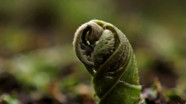 Macro View of Fiddlehead Fern Slowly Unrolling in Lush Green Habitat