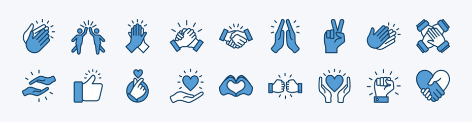 Set of clap and applause icon. Contains cheers hand, handshake, peace, thumbs up, love, care, passion, together, help, support, partnership, agreement, trust, cooperation, high five - vector