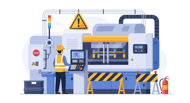 Worker Operating Industrial CNC Machine in Factory. Manufacturing, Production, and Automation Technology Illustration.