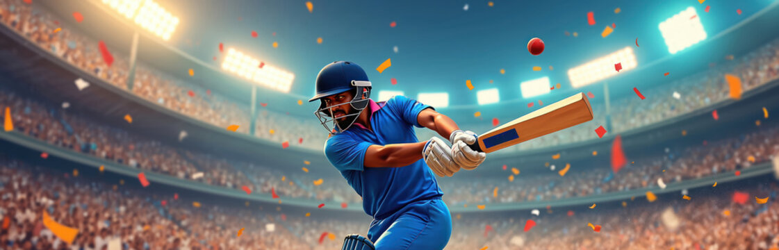 Indian cricketer in blue uniform plays match. Batsman hits ball with bat in stadium crowd. Athlete shows power skill concentration. Confetti flies in air.