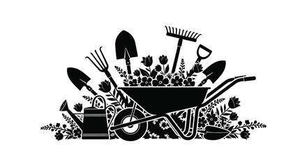 A black silhouette displays gardening tools arranged around flowers and a small wheelbarrow evoking a peaceful scene silhouette © Komla02