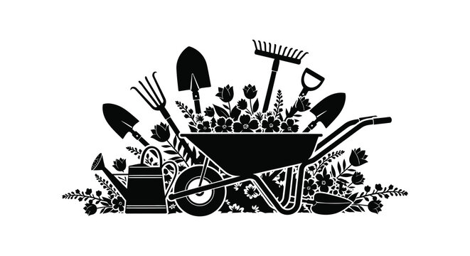 A black silhouette displays gardening tools arranged around flowers and a small wheelbarrow evoking a peaceful scene silhouette