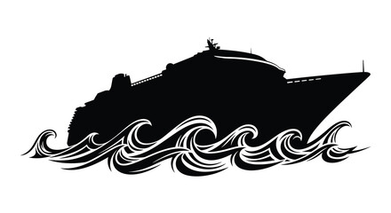 A dramatic black silhouette of a large cruise ship sailing through stylized swirling ocean waves silhouette high quality © Komla02