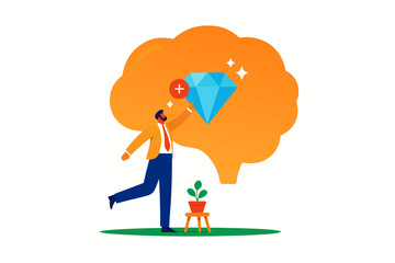 Fototapeta premium A business man reaches for a shining diamond within a thought bubble, symbolizing innovation and new ideas. Flat design.