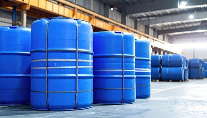 Large blue plastic industrial storage barrels with metal straps in a warehouse setting