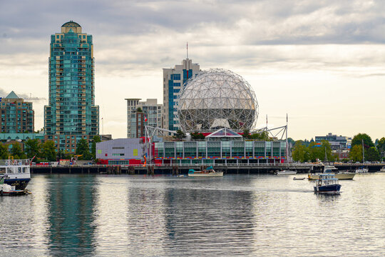 Geodesic dome of Science World, a waterfront science museum located at the end of False Creek in Downtown Vancouver, British Columbia, Canada
