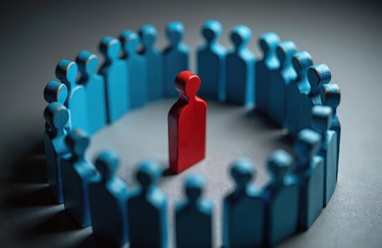 One red wooden figure stands apart in a circle of blue figures. Represents loneliness, exclusion, or unique leadership. Highlights difference in group.