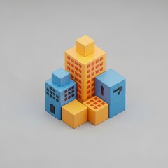 Fototapeta premium Stacked colorful plastic toy blocks with numbers and windows