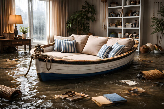 Flooded living room interior with boat floating indoors, water damage disaster scene in modern home, climate change impact and emergency survival concept, soaked furniture wooden floor mess, natural c
