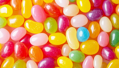 Colorful jellybeans, background, top view, full frame. AI