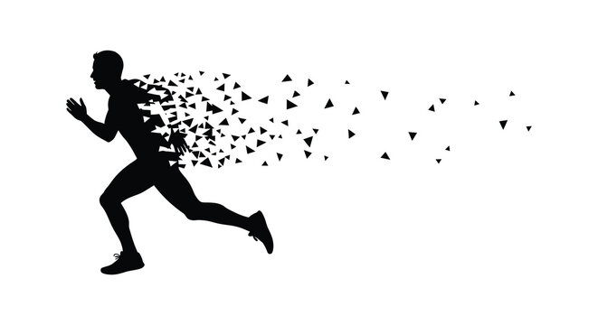 A dynamic image of a man running seemingly dissolving into fragmented pixels a striking silhouette high quality professional