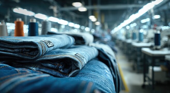 Jeans Manufacturing Facility with Folded Denim Products on Table.