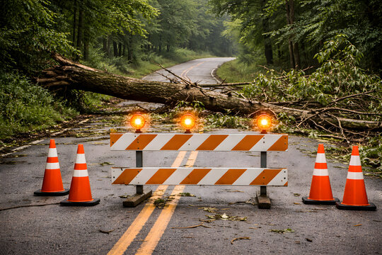 Road blocked warning barricade with traffic cones, forest road closure scene, construction safety barrier on empty asphalt street, emergency restriction signage in nature, travel disruption concept, h