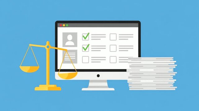 Justice scales and digital legal documents on a computer screen. Online law services and compliance management. Business paperwork and verification checklist