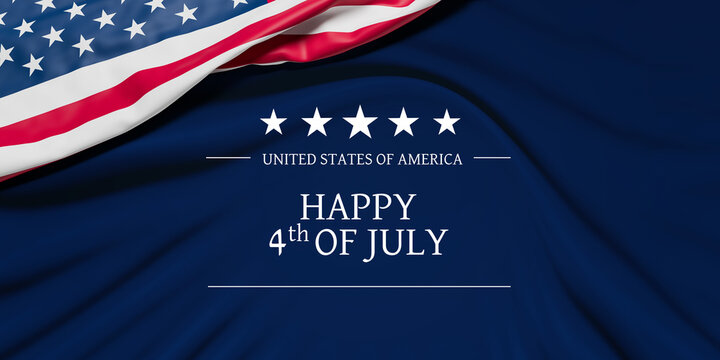 The wrinkled flag of the USA draped onto a blue velvet background with the text "United States of America - Happy 4th of July" - Independence Day
