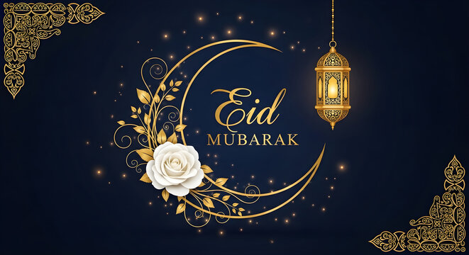 Golden eid mubarak text on dark blue background with crescent moon lantern and floral