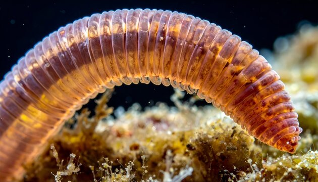 Segmented marine worm arches across algae. Translucent pinkish body reveals internal details. Dark background contrasts