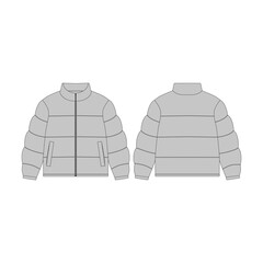 Blank grey puffer jacket mockup front and back view. Winter outerwear technical fashion flat sketch template. Down padded coat tech pack vector illustration for apparel clothing design. © sigraphics.co