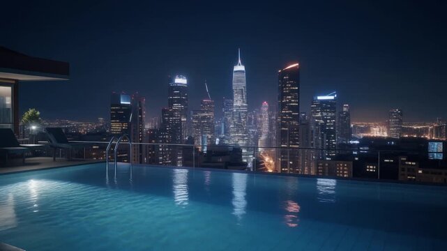 Luxury City View at Night from Rooftop Pool