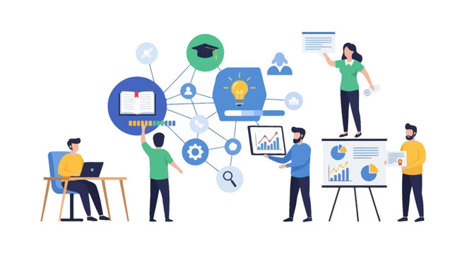 Knowledge Management and Learning Process Illustration. Team Collaboration, Skill Development, Data Analysis, and Education Network Diagram.
