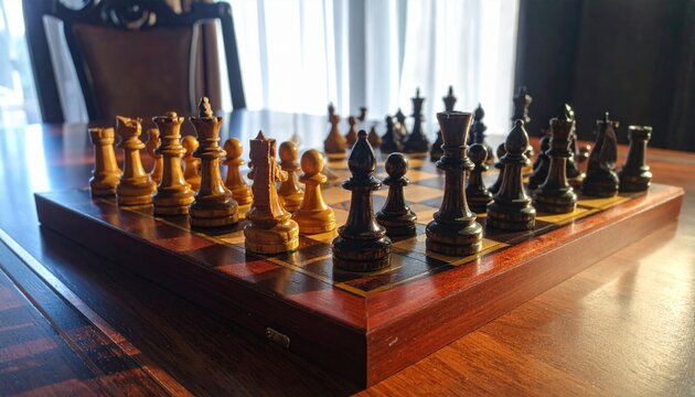 Detailed carved wooden chess set with king and queen pieces on a classic board, highlighting strategic gameplay