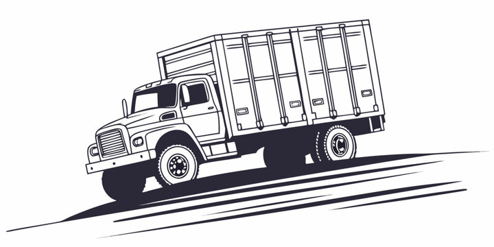 A vintage delivery truck with a large cargo box on its back driving down a road