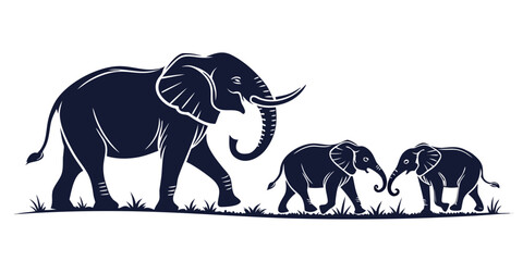 Fototapeta premium A large elephant leading two smaller elephants in a line across a white background