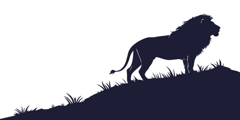 A majestic lion standing on a grassy hill, looking into the distance.