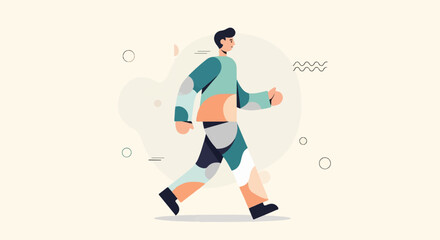 Obraz premium Stylized figure in a patterned outfit walking with abstract shapes