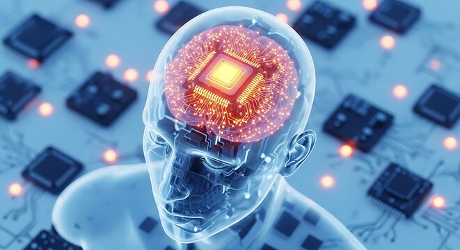 A futuristic illustration of a human head with a microchip brain on a circuit board background