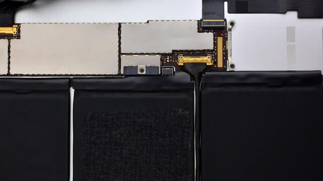 Close-up of tablet maintenance, showcasing technical care and precision in the repair process. Tablet repair close-up, showcasing tools and necessary care for an efficient maintenance process.