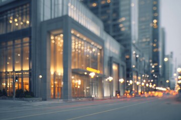 Modern corporate structures illuminate a city street during twilight hours with blurred motion.