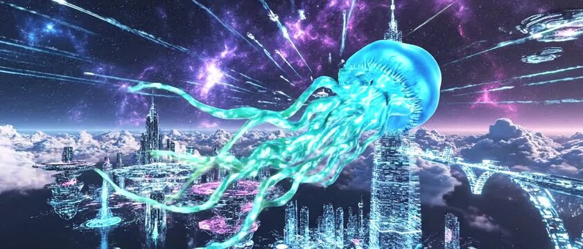 Bioluminescent Cosmic Jellyfish Swimming Across Surreal Neon Sky in Futuristic AI Environment