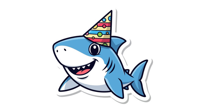 Cute cartoon shark wearing a party hat, happy birthday illustration, sticker design