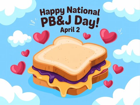 Happy national pbj day celebration with sandwich and hearts on blue background