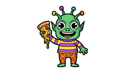 Obraz premium Cute Cartoon Alien Holding Pizza Slice, Funny Extraterrestrial Character Eating Pizza