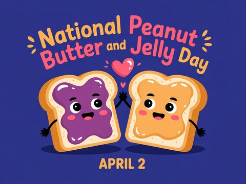 National peanut butter and jelly day celebration with cartoon toast characters on blue background