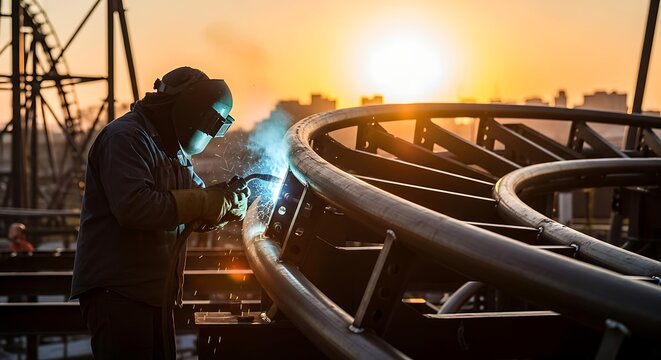 Welder Working on Large Pipe at Sunset.