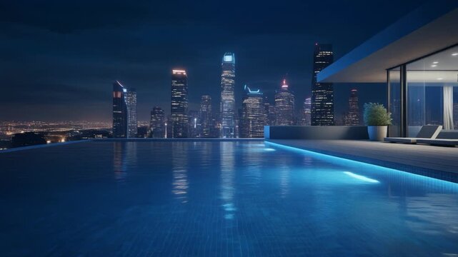 Rooftop Pool at Night Overlooking City Skyline