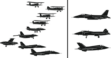 Evolution of military aircraft silhouettes showing transition from vintage biplanes and early jets to modern fighter planes, highlaerodynamics, and technological progression in design. © Rakib 