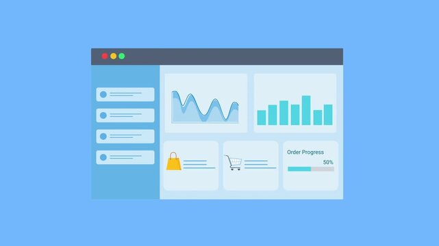 Animated data analytics dashboard interface with charts, graphs, and alert notification icon. Flat vector motion design representing system monitoring, warning signals, and digital business analytics 