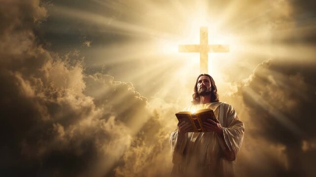 Jesus reading holy bible in heavenly light.