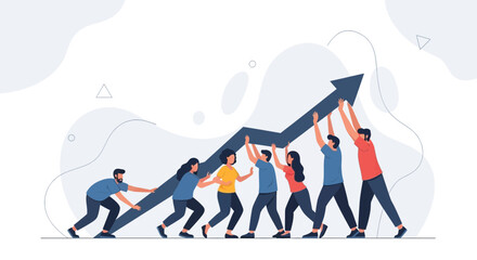 Fototapeta premium Teamwork pushing up arrow graph, business growth, success, collaboration, upward trend