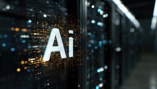 Glowing AI Logo with Abstract Digital Network Background.