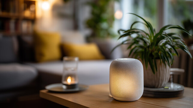 Smart speaker glowing while responding to a voice command in a living room being cleaned, defocused background, smart home voice assistant concept, with copy space